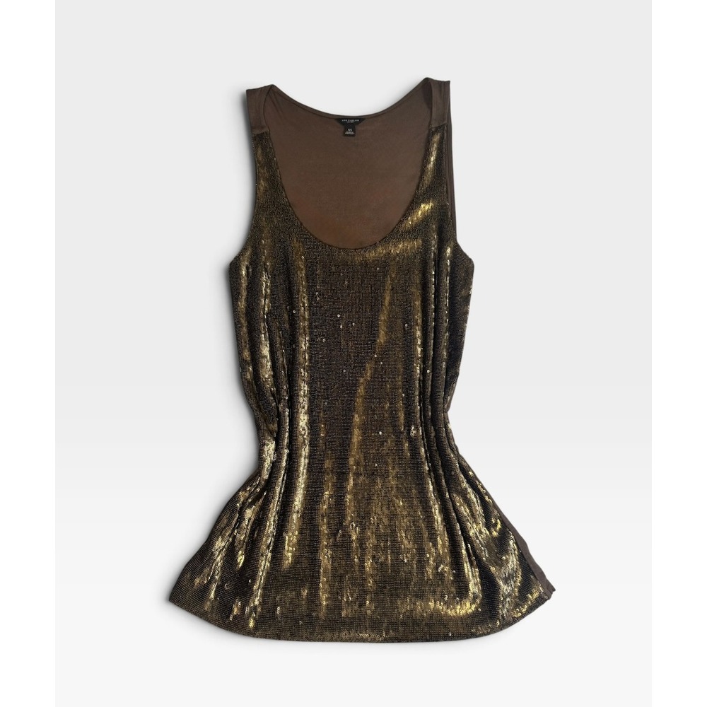 Ann Taylor XS Bronze Gold Sequin Tank Top Brown Knit Scoop Neck Party Holiday